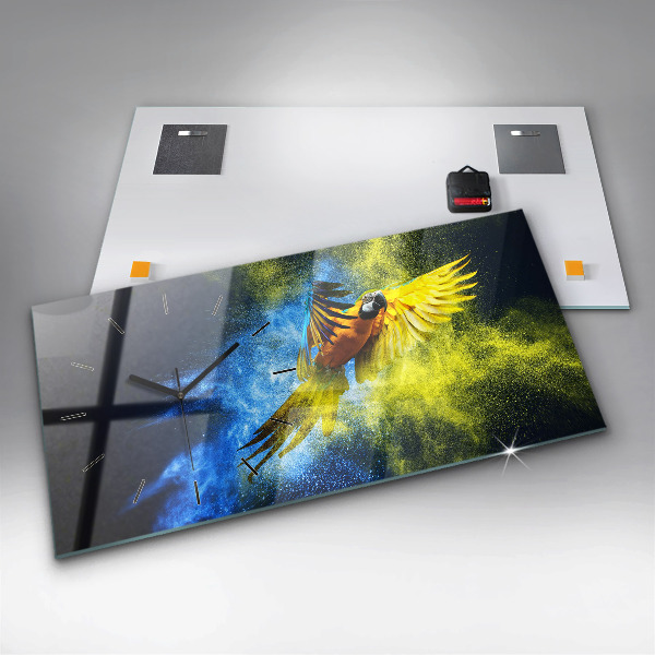 Horizontální skleněné hodiny na stěnu Barevný papoušek