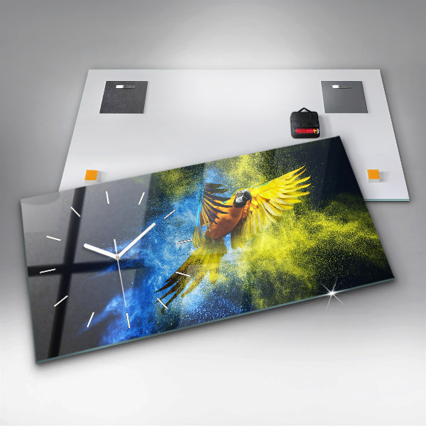 Horizontální skleněné hodiny na stěnu Barevný papoušek