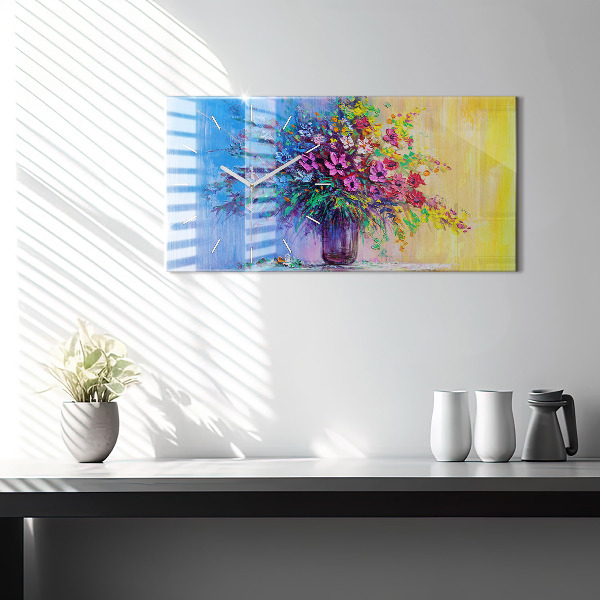 Horizontální skleněné hodiny na stěnu Květiny ve váze