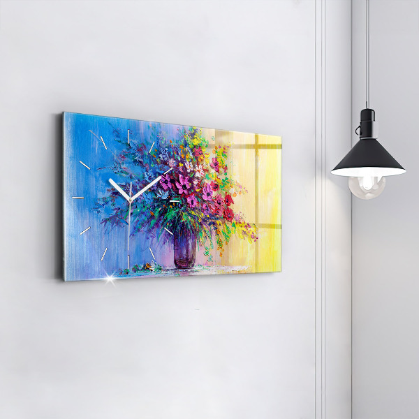 Horizontální skleněné hodiny na stěnu Květiny ve váze