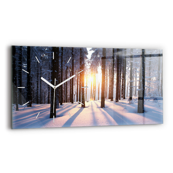 Horizontální hodiny na skle Les při západu slunce