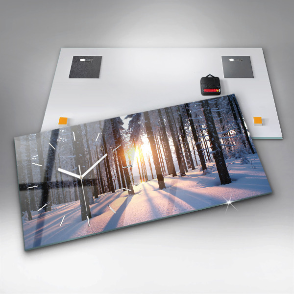 Horizontální hodiny na skle Les při západu slunce