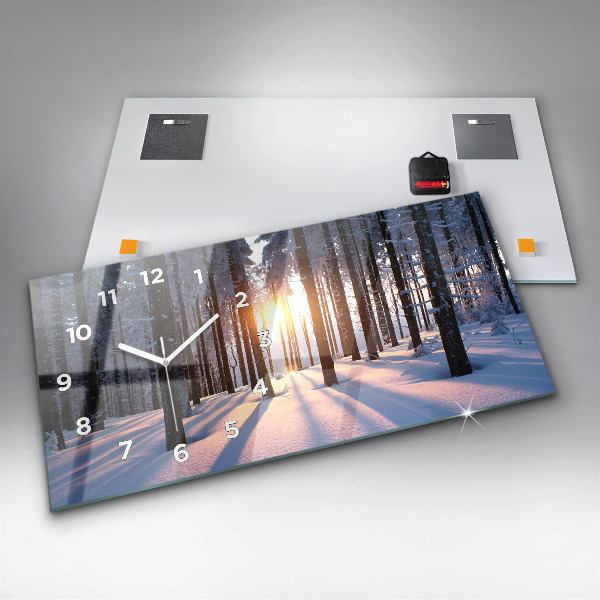 Horizontální hodiny na skle Les při západu slunce