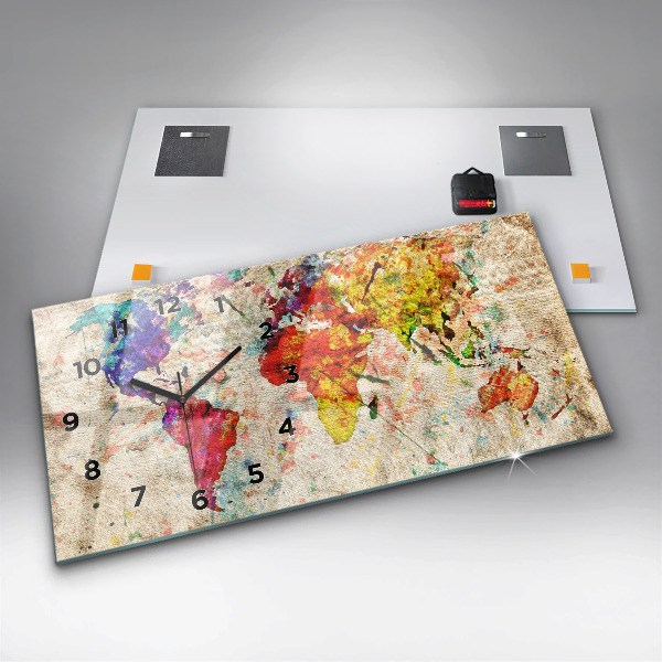 Horizontální hodiny na skle Barevná mapa světa
