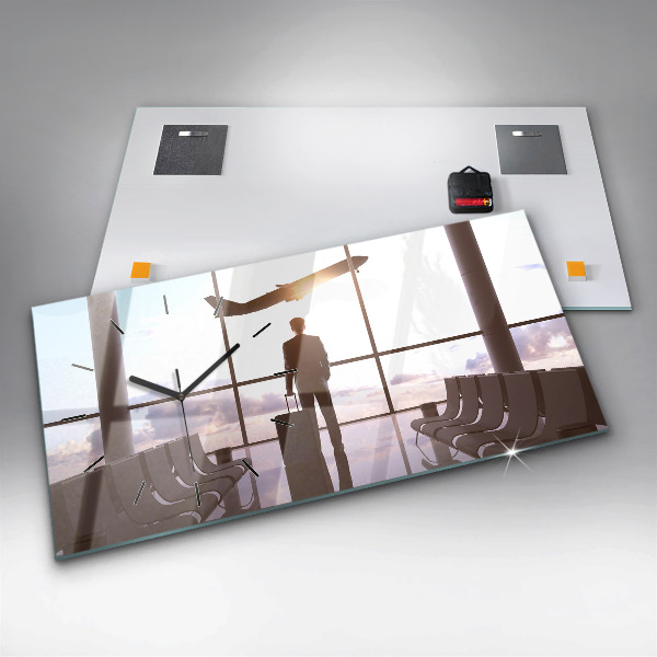 Horizontální hodiny na skle Muž na letišti