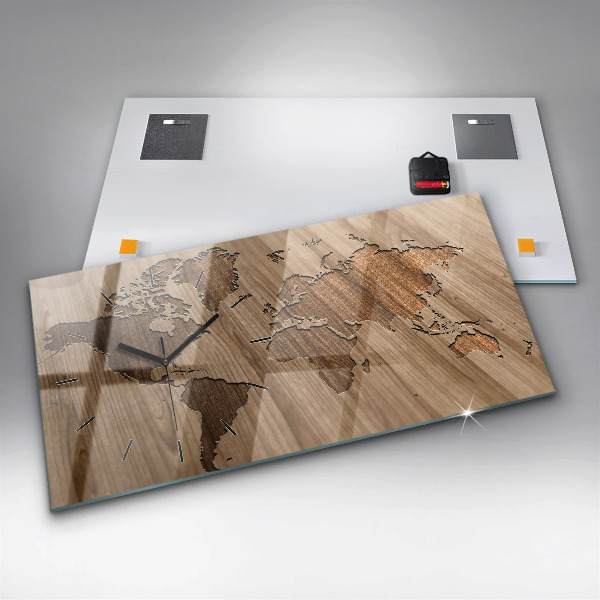 Horizontální hodiny na skle Mapa světa na dřevě