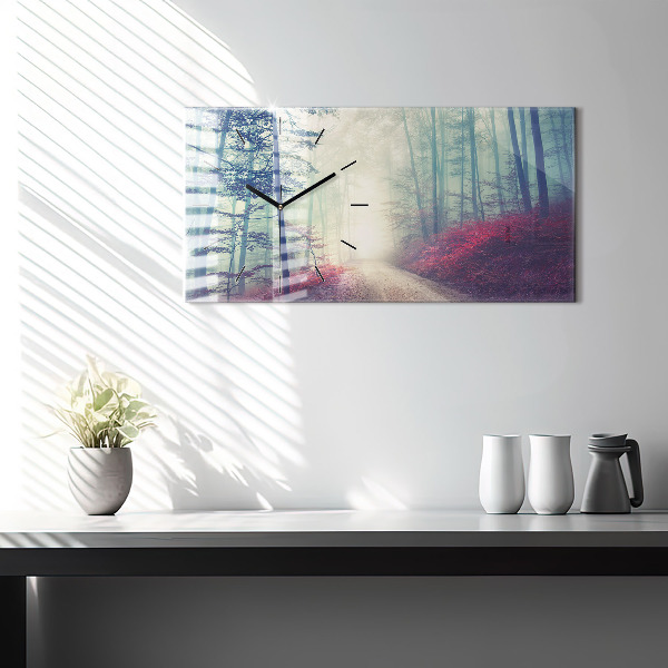 Horizontální skleněné hodiny na stěnu Podzimní cesta Lesní mlha