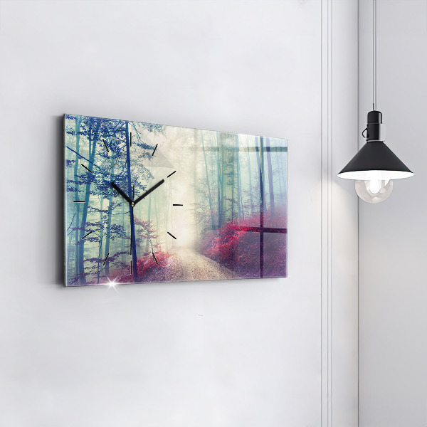 Horizontální skleněné hodiny na stěnu Podzimní cesta Lesní mlha