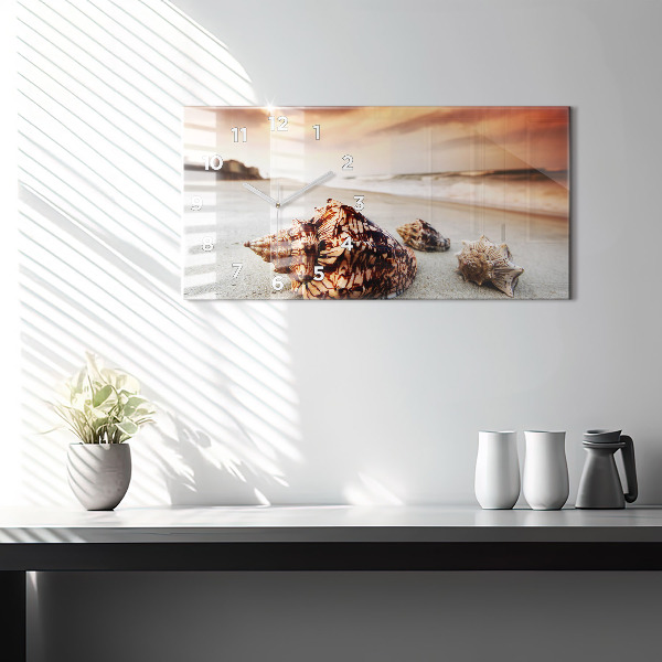 Horizontální hodiny na skle Mušle na pláži