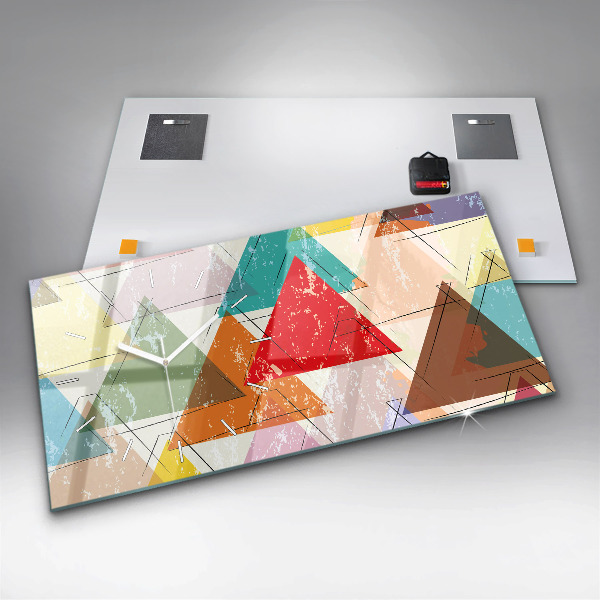 Horizontální skleněné hodiny na stěnu Geometrický vzor trojúhelníků