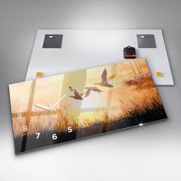 Horizontální skleněné hodiny na stěnu Jeřábi při západu slunce