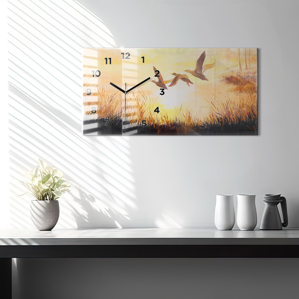 Horizontální skleněné hodiny na stěnu Jeřábi při západu slunce