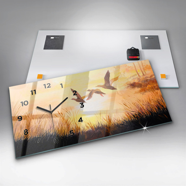 Horizontální skleněné hodiny na stěnu Jeřábi při západu slunce