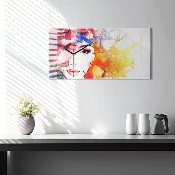 Horizontální skleněné hodiny na stěnu Barevný portrét ženy