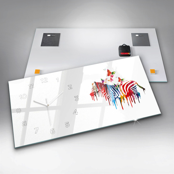 Horizontální skleněné hodiny na stěnu Barevná zebra