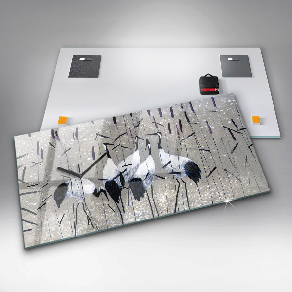 Horizontální skleněné hodiny na stěnu Jeřábi v rákosí