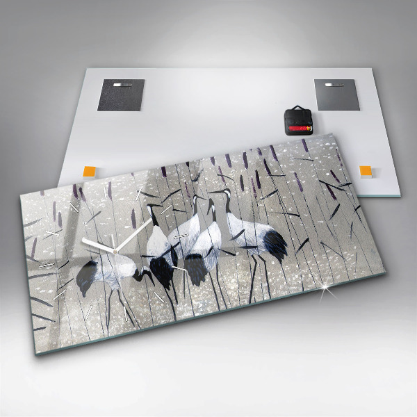 Horizontální skleněné hodiny na stěnu Jeřábi v rákosí