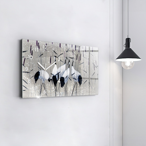 Horizontální skleněné hodiny na stěnu Jeřábi v rákosí