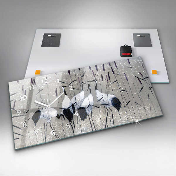 Horizontální skleněné hodiny na stěnu Jeřábi v rákosí