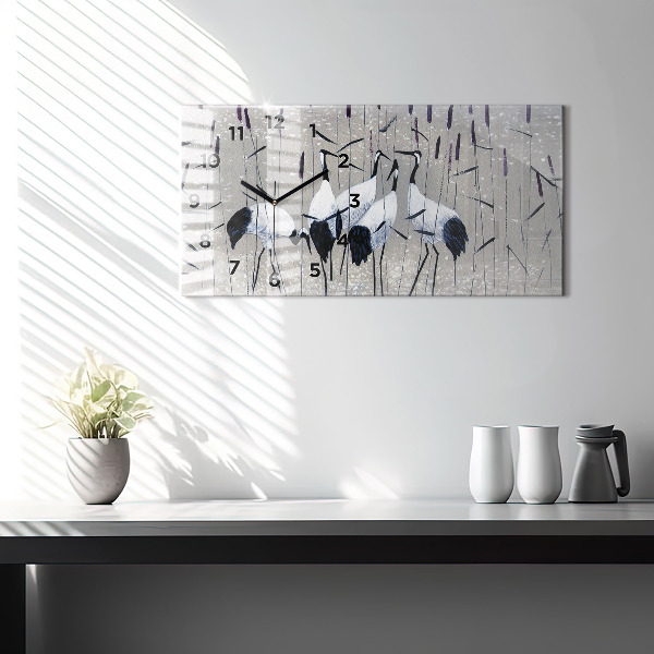 Horizontální skleněné hodiny na stěnu Jeřábi v rákosí