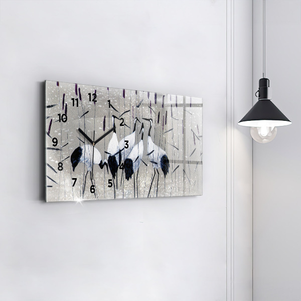 Horizontální skleněné hodiny na stěnu Jeřábi v rákosí