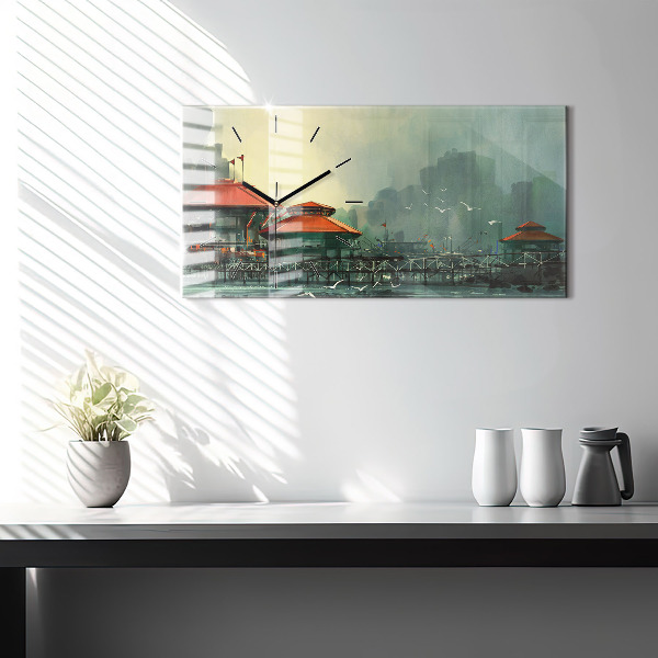 Horizontální skleněné hodiny na stěnu Rybářská vesnice