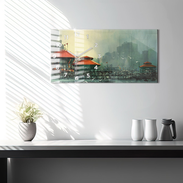 Horizontální skleněné hodiny na stěnu Rybářská vesnice