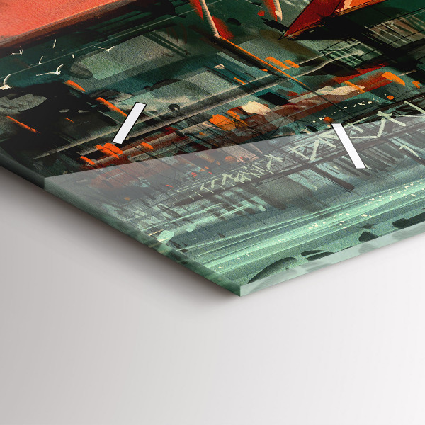 Horizontální skleněné hodiny na stěnu Rybářská vesnice