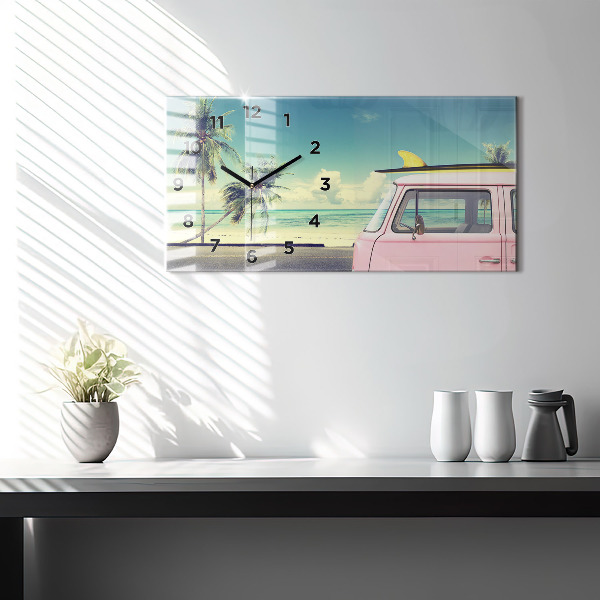 Horizontální skleněné hodiny na stěnu Auto se surfovacím prknem
