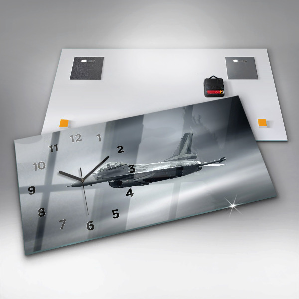Horizontální skleněné hodiny na stěnu Vojenské letadlo v letu