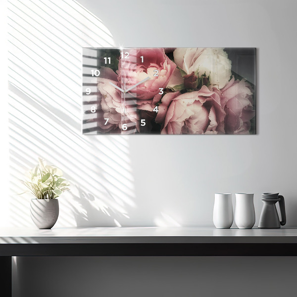 Horizontální skleněné hodiny na stěnu Kytice růžových růží