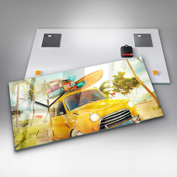 Horizontální skleněné hodiny na stěnu Auto se surfovacím prknem