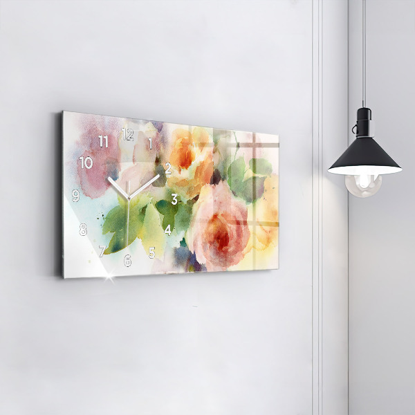 Horizontální skleněné hodiny na stěnu Růže ve váze Akvarel