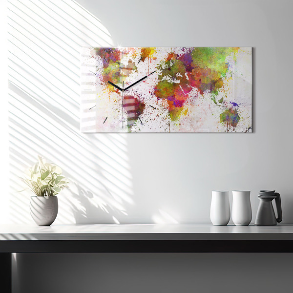 Horizontální skleněné hodiny na stěnu Akvarelová mapa světa