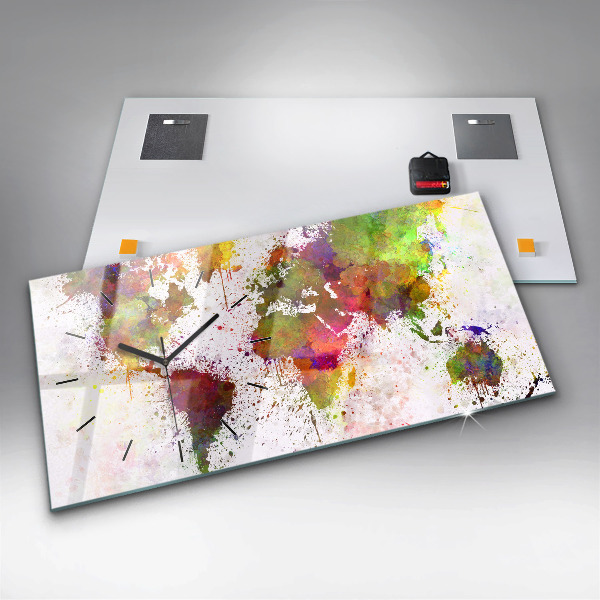 Horizontální skleněné hodiny na stěnu Akvarelová mapa světa