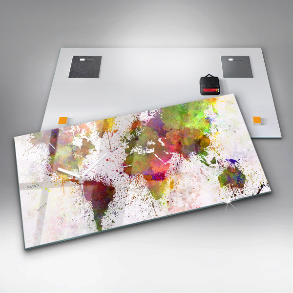 Horizontální skleněné hodiny na stěnu Akvarelová mapa světa