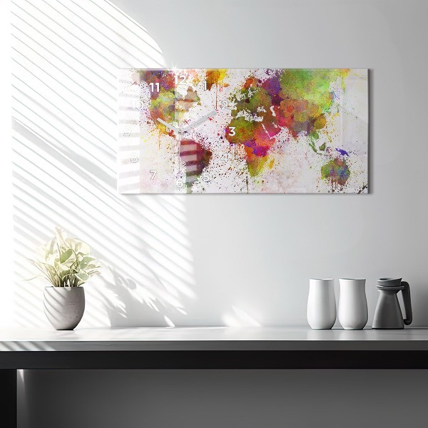 Horizontální skleněné hodiny na stěnu Akvarelová mapa světa