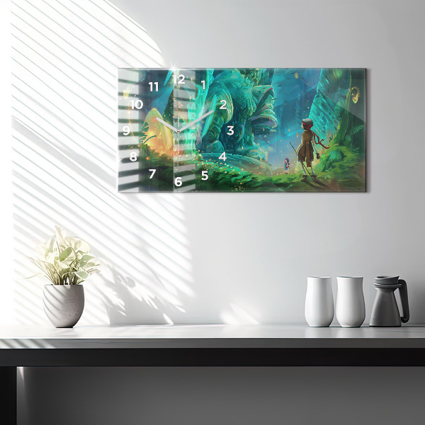 Horizontální skleněné hodiny na stěnu Děti v pohádkovém lese