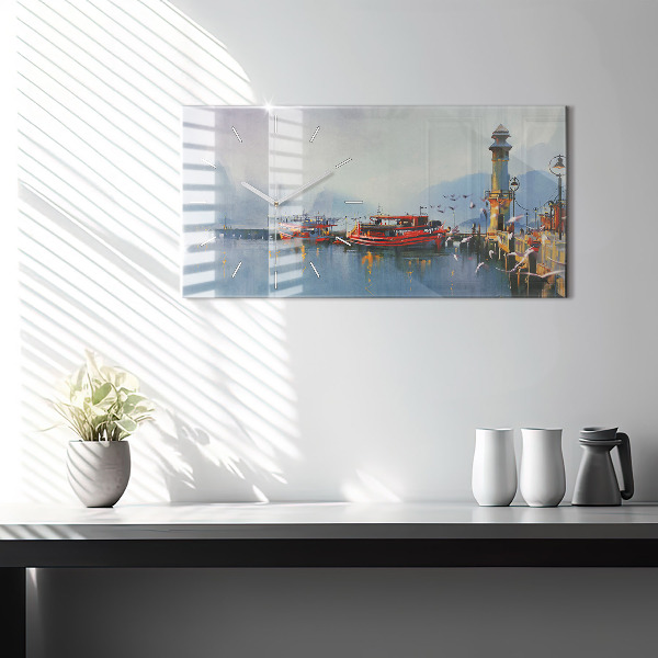 Horizontální skleněné hodiny na stěnu Rybářská loď v přístavu