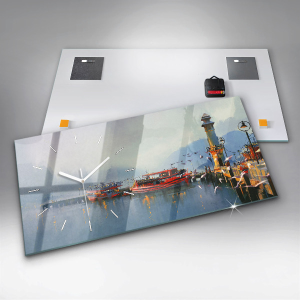 Horizontální skleněné hodiny na stěnu Rybářská loď v přístavu