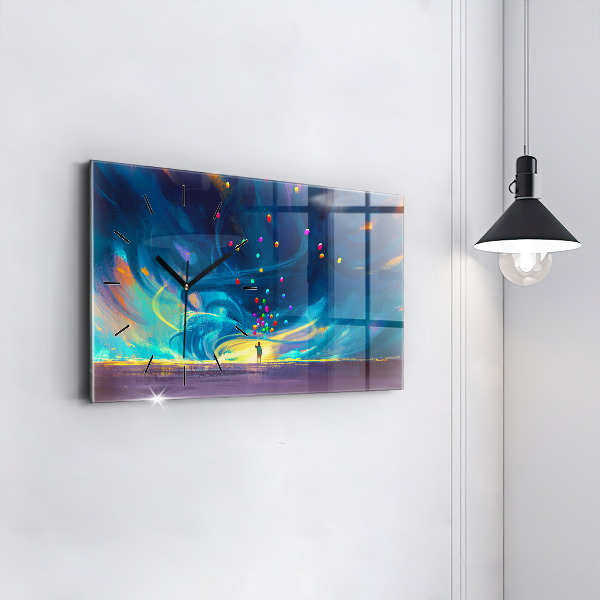 Horizontální skleněné hodiny na stěnu Dítě a balónky