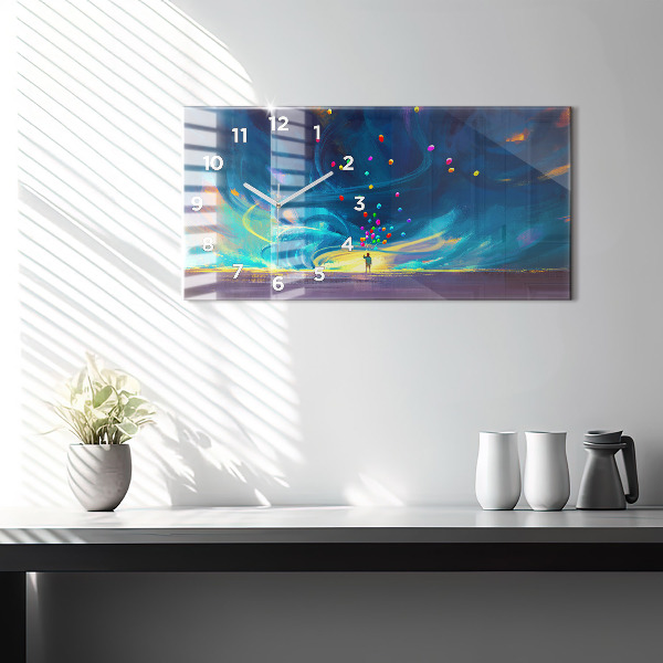 Horizontální skleněné hodiny na stěnu Dítě a balónky