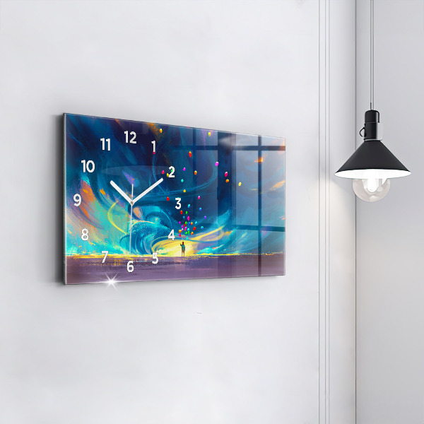 Horizontální skleněné hodiny na stěnu Dítě a balónky