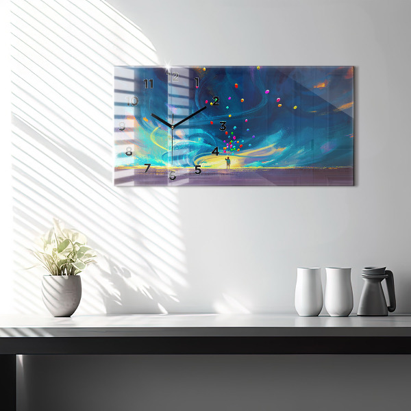 Horizontální skleněné hodiny na stěnu Dítě a balónky