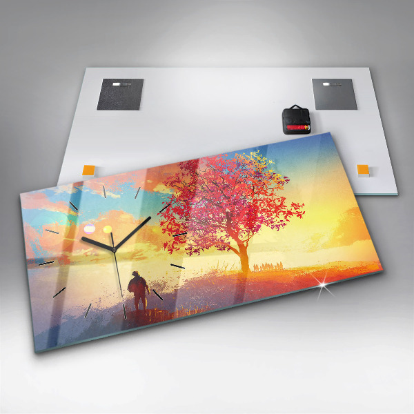 Horizontální skleněné hodiny na stěnu Podzimní krajina