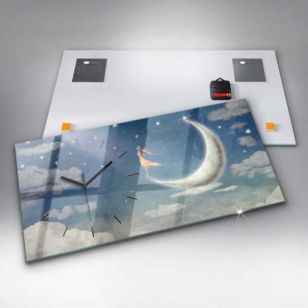 Horizontální skleněné hodiny na stěnu Dívka na Měsíci