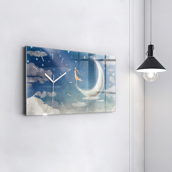 Horizontální skleněné hodiny na stěnu Dívka na Měsíci