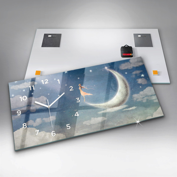 Horizontální skleněné hodiny na stěnu Dívka na Měsíci