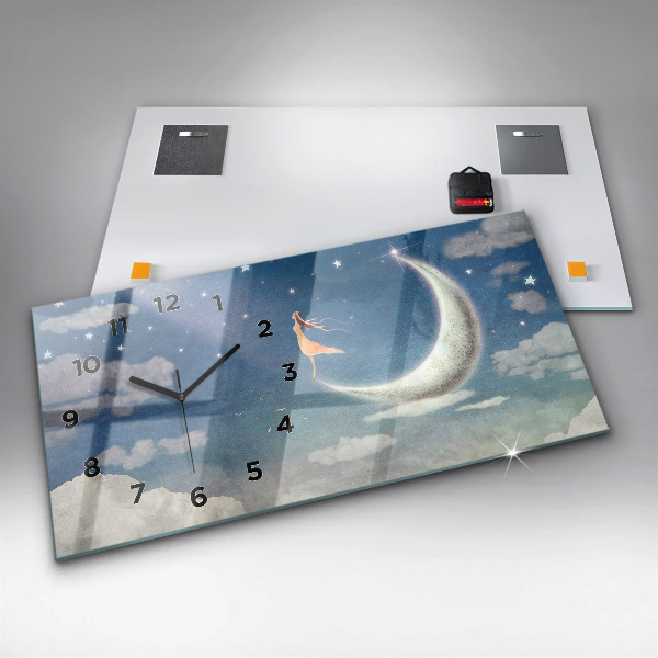 Horizontální skleněné hodiny na stěnu Dívka na Měsíci