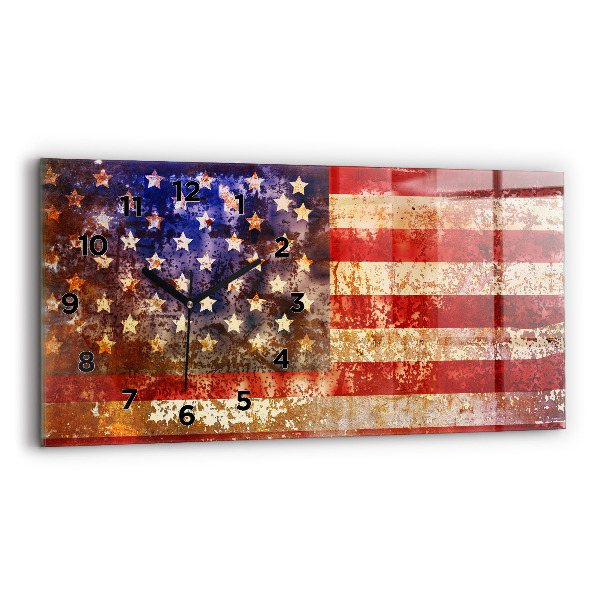 Horizontální skleněné hodiny na stěnu Vlajka USA ve vintage stylu